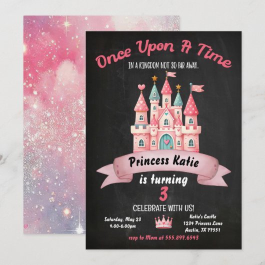 Princess Castle Invitation Anniversaire Rose Girl (Devant / Derrière)