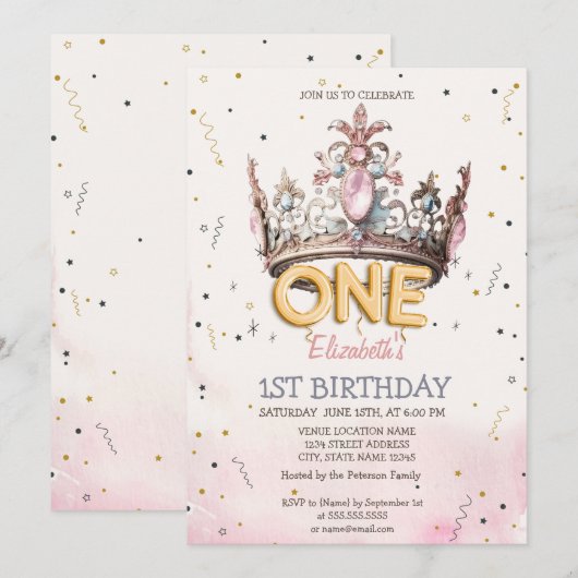 Princess Crown Fairytale 1st Birthday Kaart (Voorkant / Achterkant)