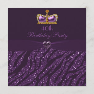 Princess Crown Heart & Zebra Glitter 40th Birthday Kaart