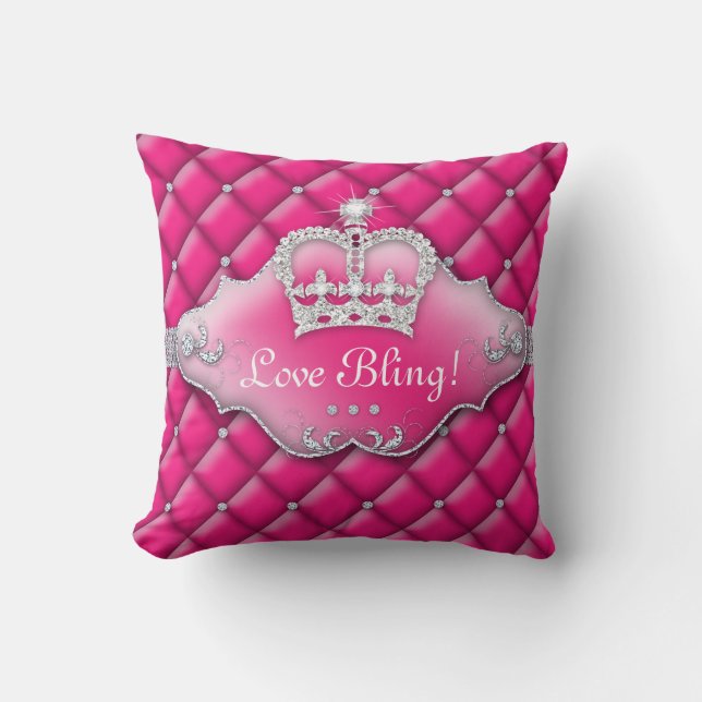 Princess Crown Pillow Tufted Satin Diamonds Roze Kussen (Voorkant)