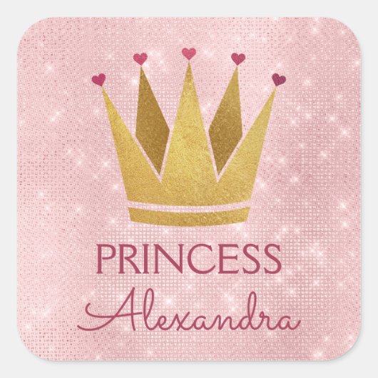 Princess Crown Roos Goud Blush Roze Sparkle Vierkante Sticker (Voorkant)
