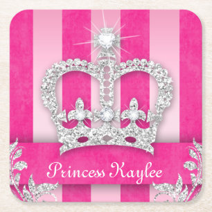 Princess Crown Sweet 16 Quinceanera Stripe Onderze Vierkante Kartonnen Onderzetter