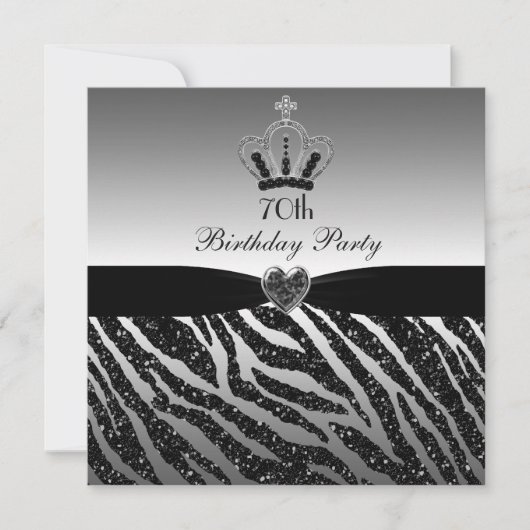 Princess Crown Zebra Glitter 70th Birthday Kaart (Voorkant)