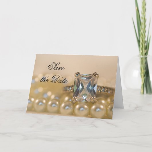 Princess Diamond Ring Pearls Wedding Save the Date Aankondiging (Voorkant)