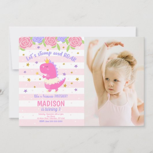 Princess Dinosaur Birthday Photo Invitation (Devant)
