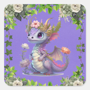 Princess Dragon met Bloemen Meisje Baby shower Vierkante Sticker