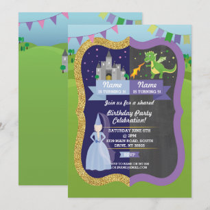 Princess & Dragon Shared Boy Girl Birthday Invites Kaart