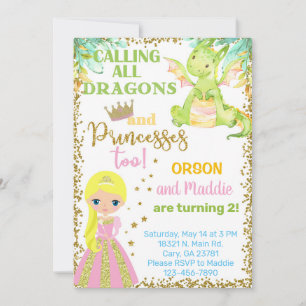 Princess en dragon siblings verjaardagsuitnodiging kaart