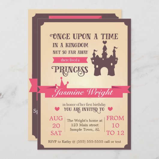 Princess Fairy Tale Invitation pour le premier ann (Devant / Derrière)