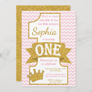 Princess First Birthday Invitation   Roze en goud Kaart