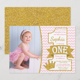 Princess First Birthday Invitation   Roze en goud Kaart