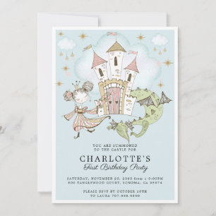 Princess Girl's Blue Gold 1st Birthday Invitation Kaart