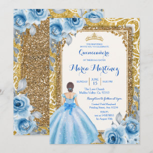Princess Gold en Blue Roos Quinceanera Invitation Kaart