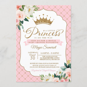 Princess Gold Glitter Crown & Floral Baby shower Kaart