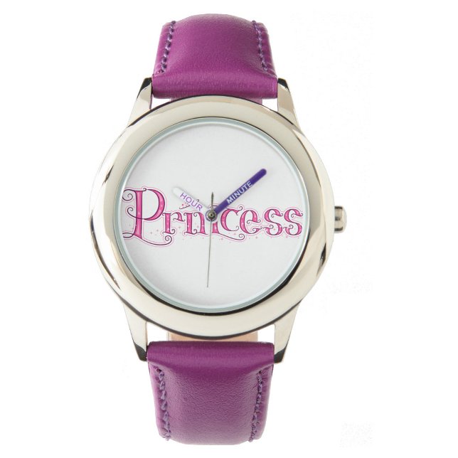 Princess Horloge (A wristwatch with a silver case and a purple leather band, with the word "Princess!)