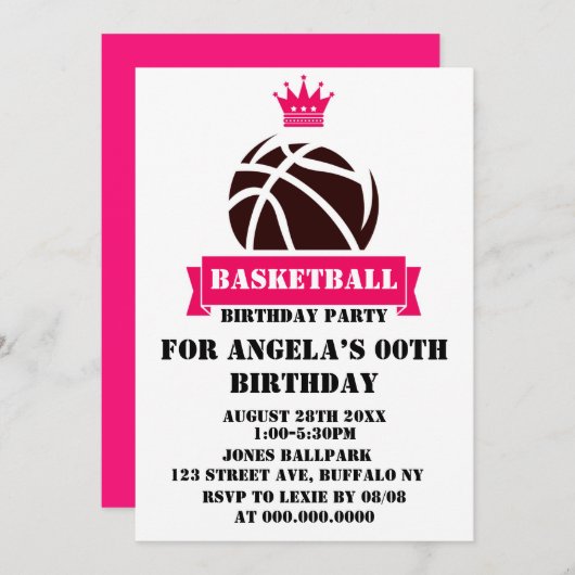 Princess Hot Pink Basketball Invitation de fête d' (Devant / Derrière)