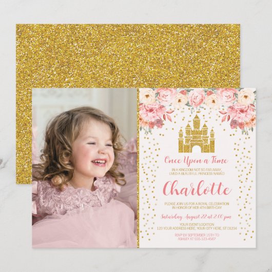 Princess Invitation Anniversaire Château Floral (Devant / Derrière)