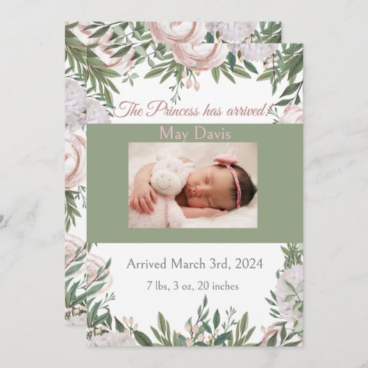 Princess is aangekomen in de roze waterverf tuin aankondiging (Voorkant / Achterkant)