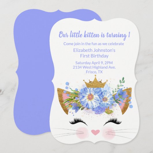 Princess Kitty Babys Invitation pour le premier an (Devant / Derrière)