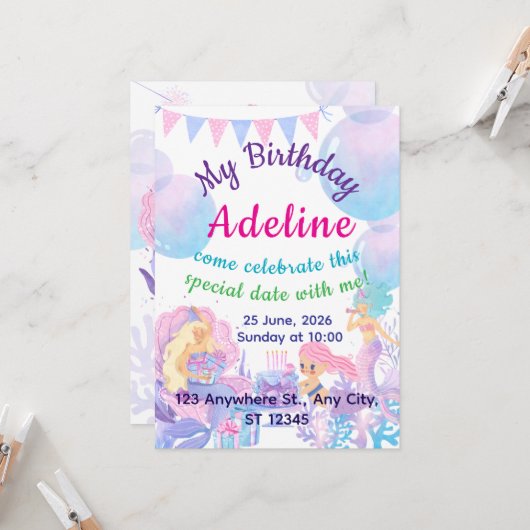 Princess & Mermaid Birthday Invitation Card (Devant/Arrière en situation)