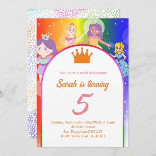 PRINCESS modifiable Invitation de fête d'anniversa (Devant / Derrière)