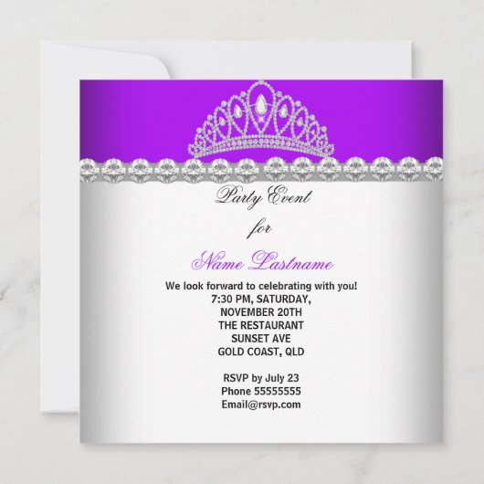 Princess Paarse Diamond Tiara Birthday Party Kaart (Achterkant)