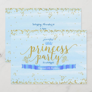 Princess Party Blauw & Goud Verjaardag Uitnodiging