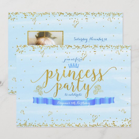 Princess Party Gold & Blue Photo Invitations (Devant / Derrière)