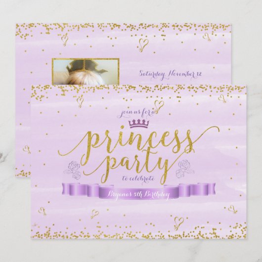 Princess Party Gold & Purple Photo Invitations (Devant / Derrière)