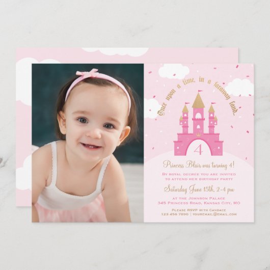 Princess Party Photo Invitations | Roze en goud Kaart (Voorkant / Achterkant)