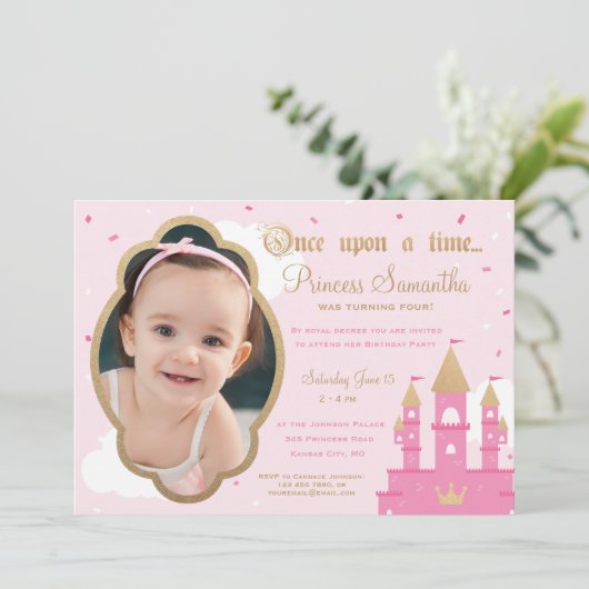 Princess Party Photo Invitations | Roze en goud Kaart (Staand voorkant)