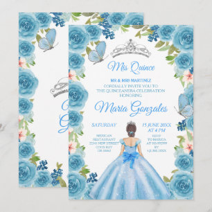 Princess Pastel Blue Rozen & Butterfly Mis Quince Kaart