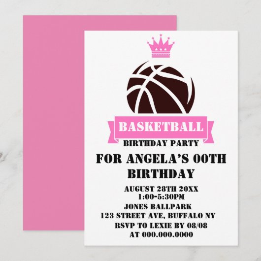 Princess Pink Basketball Invitations de fête d'ann (Devant / Derrière)