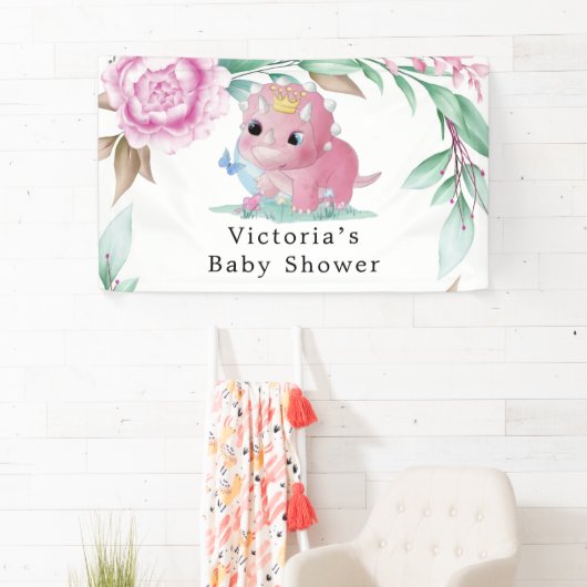 Princess Pink Dinosaur Peony Baby shower Banner (Insitu)