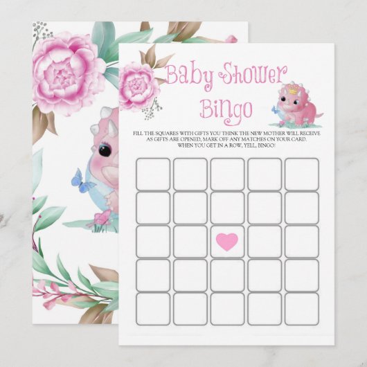 Princess Pink Dinosaur Peony Baby shower Bingo (Voorkant / Achterkant)