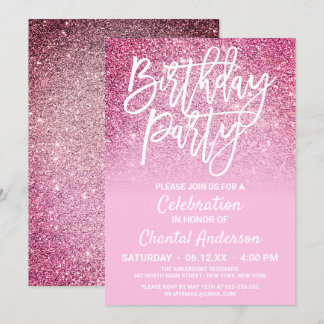 Princess Pink Faux Glitter Ombre Birthday Kaart
