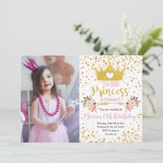 Princess Pink Gold Confetti Invitation d'anniversa (Debout devant)