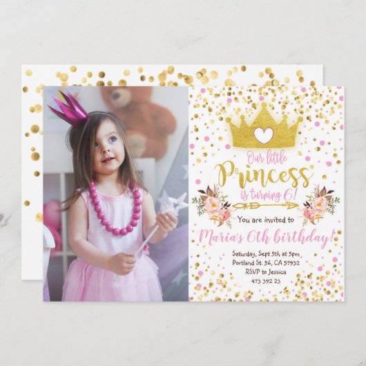 Princess Pink Gold Confetti Invitation d'anniversa (Devant / Derrière)