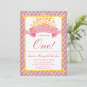 Princess Pink Gold Crown First Birthday Party Kaart (Staand voorkant)