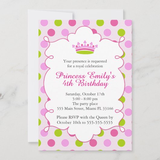 Princess Pink Green Girl Invitation d'anniversaire (Devant)