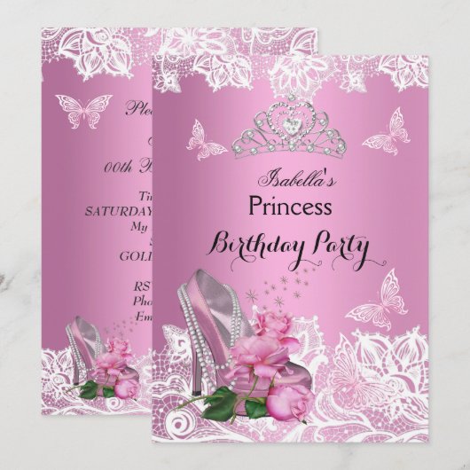 Princess Pink High Heel Rozen Lace Birthday Party Kaart (Voorkant / Achterkant)