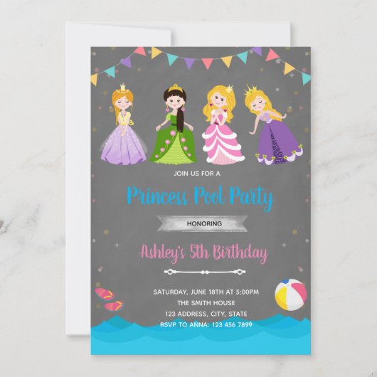 Princess poolverjaardagsuitnodiging bedankkaart (Voorkant)
