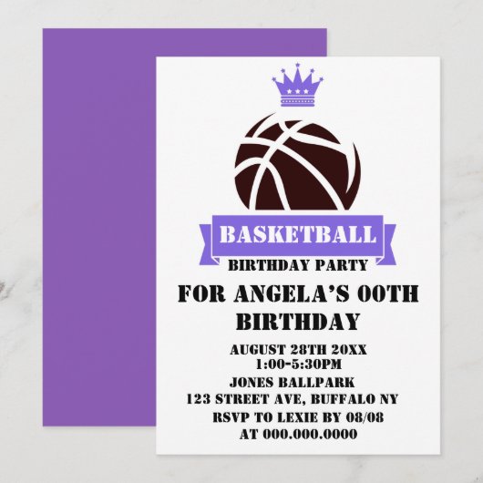 Princess Purple Basketball Anniversaire Invitation (Devant / Derrière)