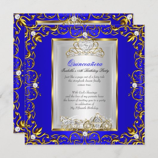 Princess Quinceanera 15th Birthday Royal Blue 2 Kaart (Voorkant / Achterkant)