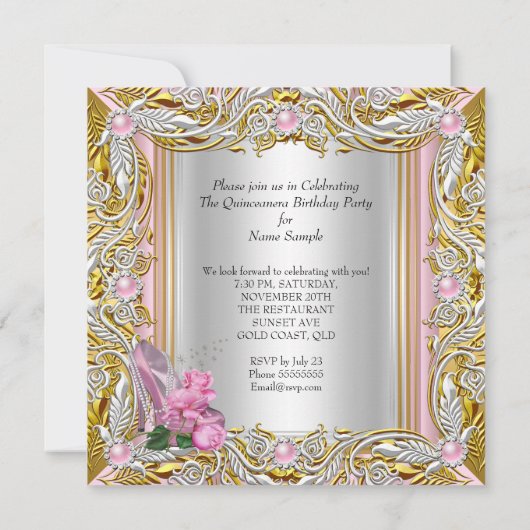 Princess Quinceanera Silver Pink Rose Gold Kaart (Achterkant)