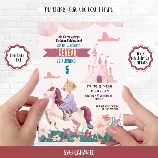 Princess Riding Unicorn Invitation de fête d'anniv
