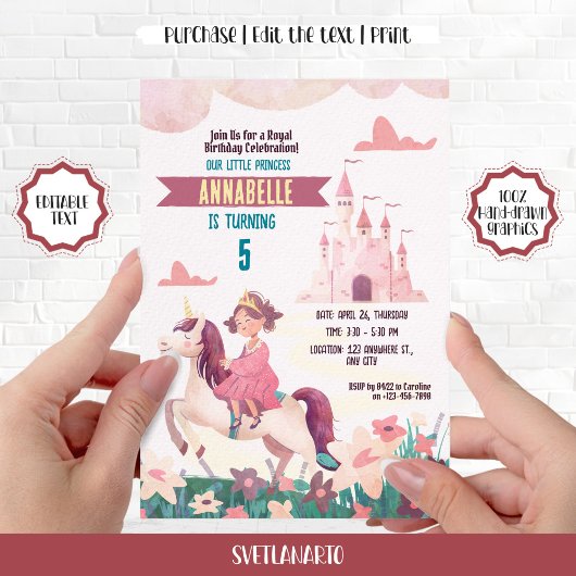 Princess Riding Unicorn Invitation de fête d'anniv