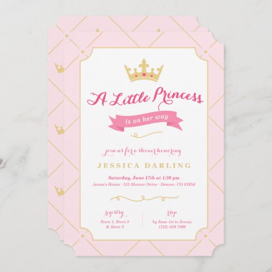 Princess Shower-uitnodigingen | Roze meisje Kaart (Voorkant / Achterkant)