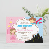 Princess Superheld Twins Birthday Invitations Kaart (Staand voorkant)