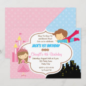 Princess Superheld Twins Birthday Invitations Kaart (Voorkant / Achterkant)